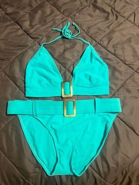 Turquoise Belted Triangle Bikini - Women Swim